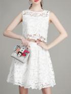 Romwe White Crochet Hollow Out Top With Skirt