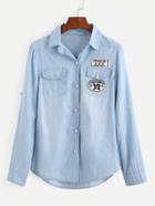 Romwe Embroidered Patch Light Blue Denim Blouse