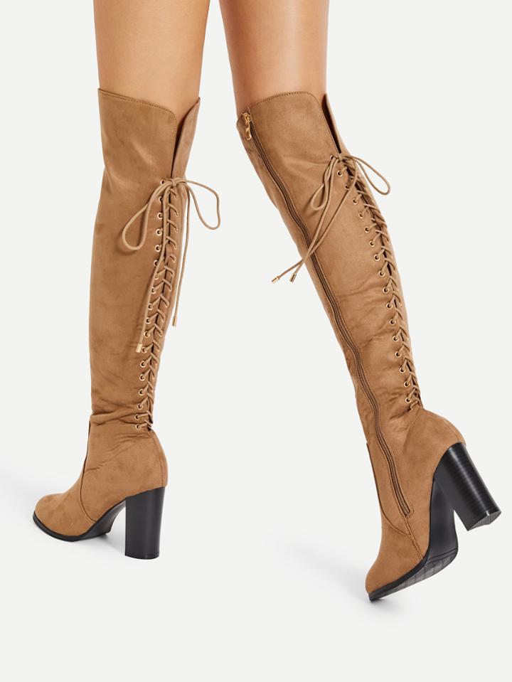 Romwe Lace Up Back Block Heeled Knee High Boots