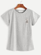 Romwe Heather Grey Rabbit Embroidered T-shirt