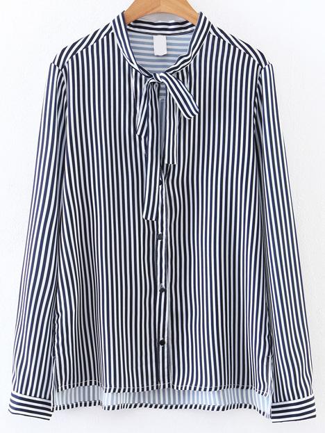 Romwe Blue And White Vertical Striped Tie Neck Blouse