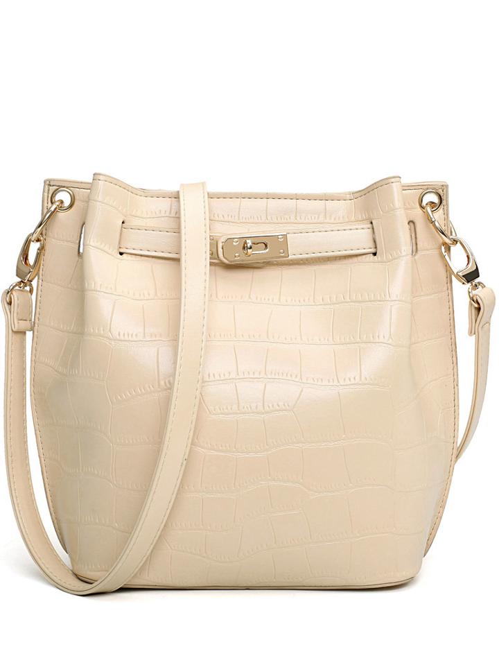 Romwe Crocodile Embossed Turnlock Belted Bucket Bag - Beige