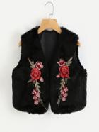 Romwe Rose Embroidered Applique Faux Fur Vest