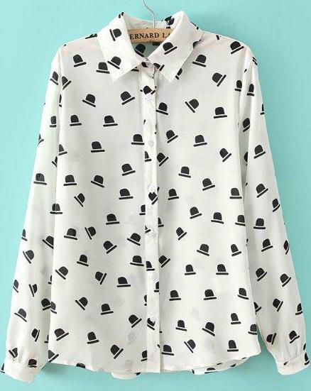 Romwe White Lapel Long Sleeve Hat Print Blouse