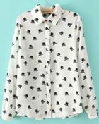 Romwe White Lapel Long Sleeve Hat Print Blouse