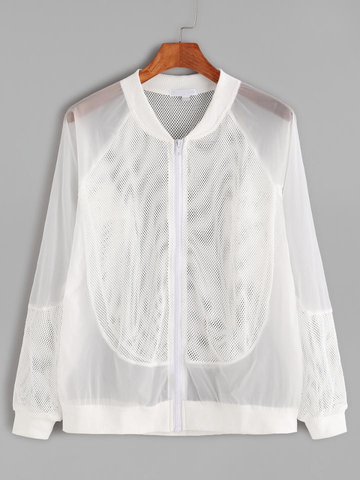 Romwe White Contrast Eyelet Mesh Sheer Jacket