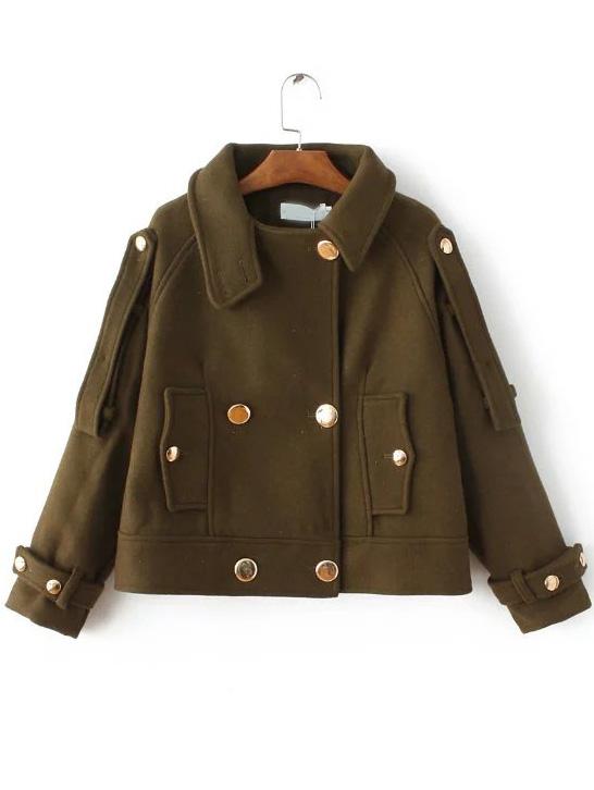 Romwe Army Green Double Breasted Epaulet Coat With Button
