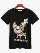 Romwe Black Leopard Dog Print T-shirt