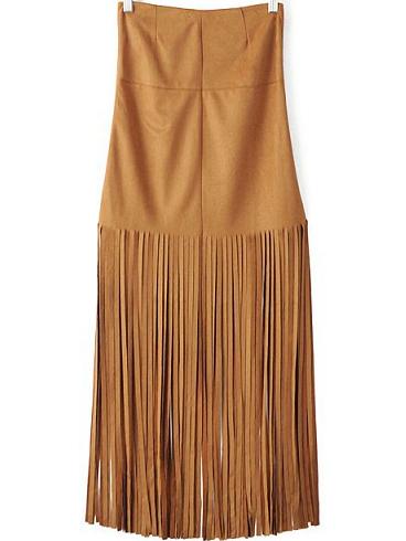 Romwe Khaki High Waist Fringe Bodycon Midi Skirt