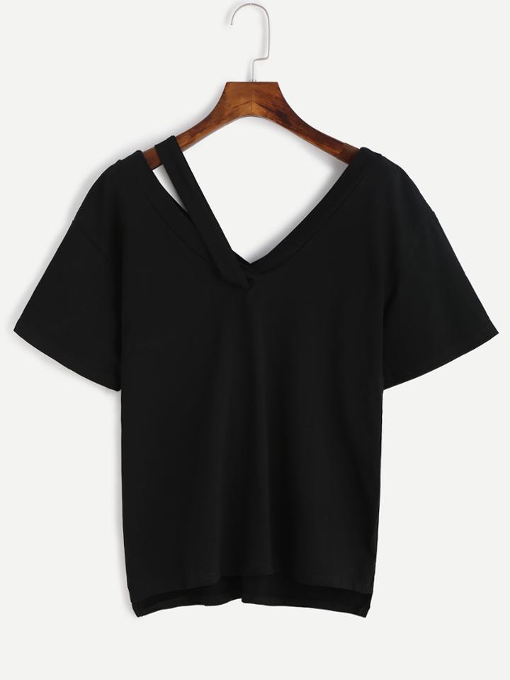 Romwe Black V Neck Cut Out T-shirt