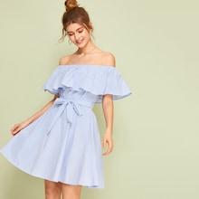 Romwe Off The Shoulder Ruffle Trim Belted Striped Dress