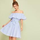 Romwe Off The Shoulder Ruffle Trim Belted Striped Dress