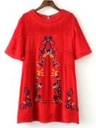 Romwe Red Embroidery Key-hole Crochet Dress