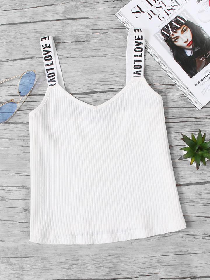 Romwe Rib Knit Printed Thick Strap Cami Top
