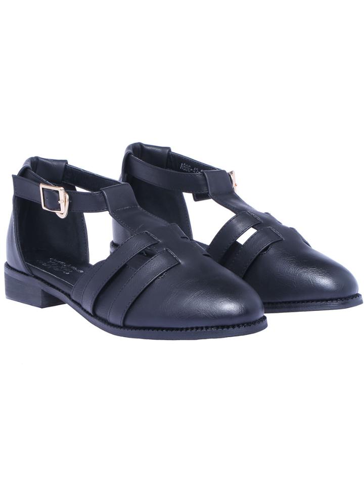Romwe Black T Strap Flat Shoes
