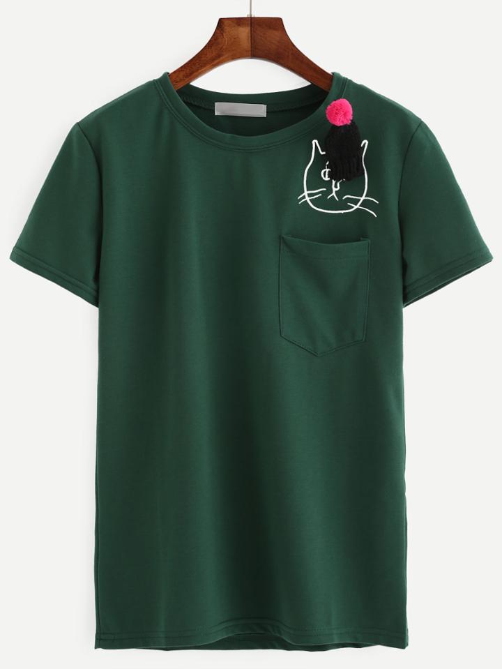 Romwe Green Cat Print Pocket T-shirt
