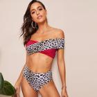 Romwe Leopard Bardot Top With High Waist Bikini Set