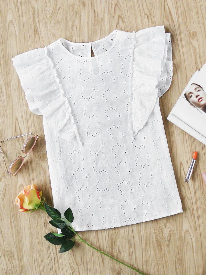Romwe Buttoned Keyhole Flutter Sleeve Eyelet Embroidered Top