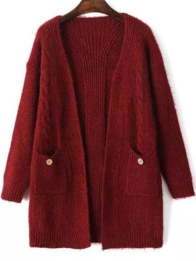 Romwe Open Front Pockets Wine Red Cardigan