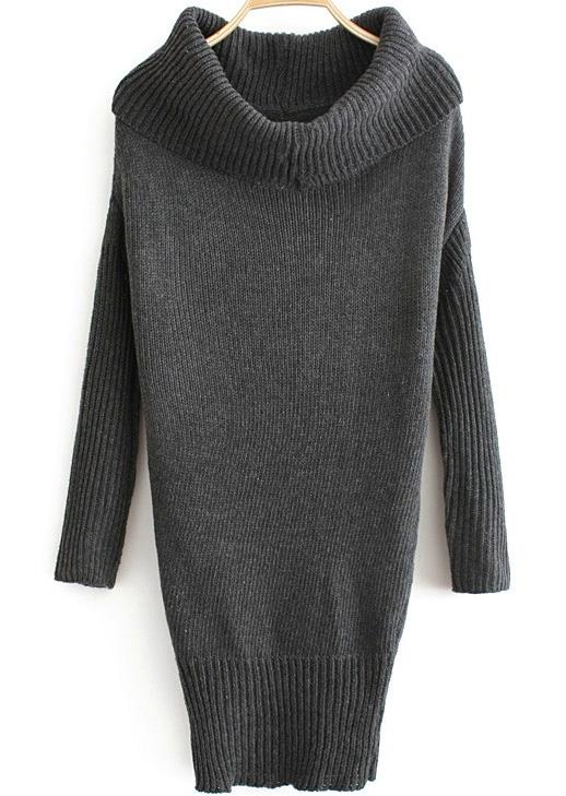 Romwe High Neck Batwing Knit Grey Sweater Dress