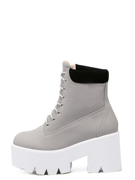 Romwe Grey Round Toe Lace Up Platform Boots