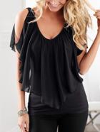 Romwe Slit Shoulder Ruffled Top - Black