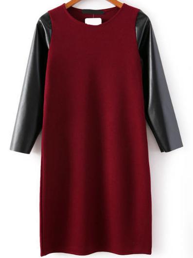 Romwe Round Neck Contrast Sleeve Burgundy Dress