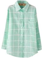 Romwe Lapel With Buttons Plaid Green Blouse