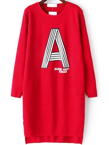 Romwe Dip Hem Letter Print Split Red Sweater Dress