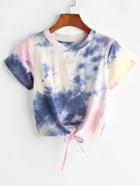 Romwe Tie Dye Knot Front Crop Tee