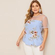 Romwe Plus Mesh Yoke Floral Print Top