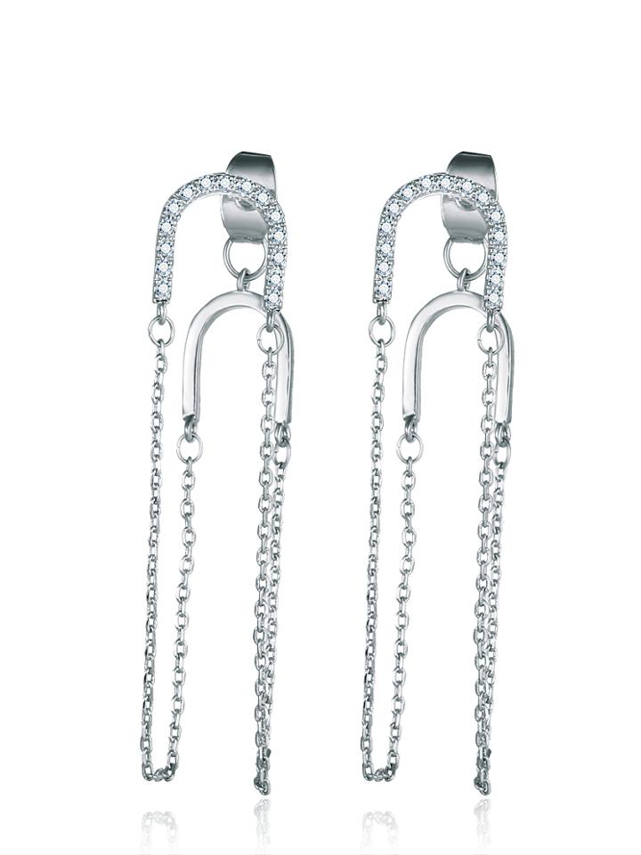 Romwe Silver Rhinestone Detail Double Chain Earrings