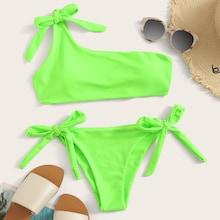 Romwe Neon Lime One Shoulder Top With Self Tie Side Bikini Set