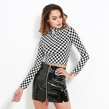 Romwe High Neck Checkered Crop Tee