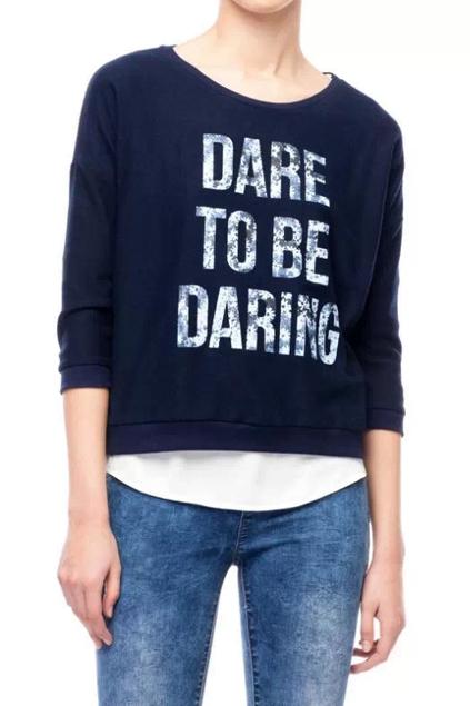 Romwe Letter Print Navy Blue Sweatshirt
