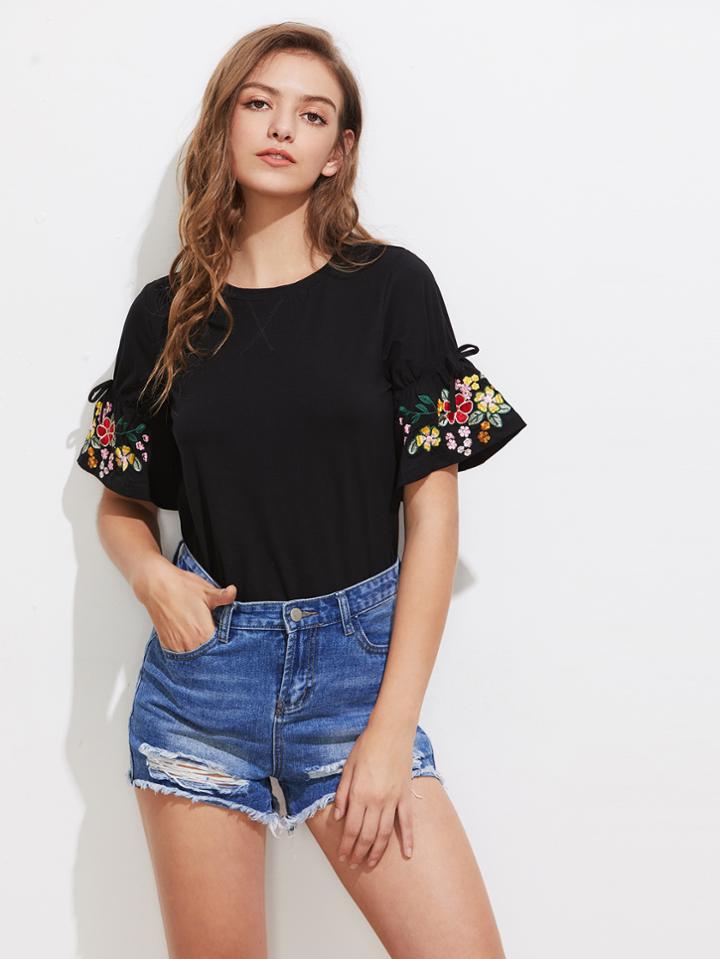 Romwe Embroidered Drawstring Sleeve Tee