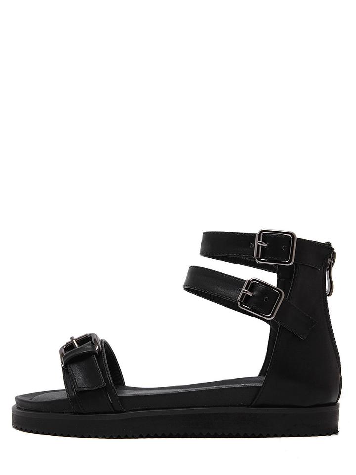 Romwe Black Faux Leather Open Toe Gladiator Sandals