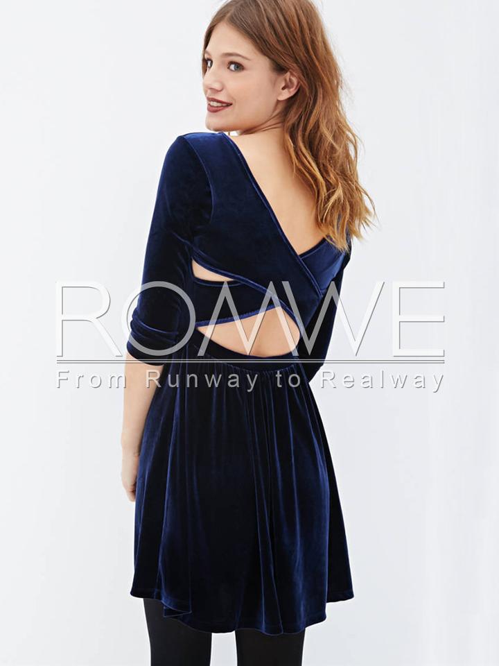 Romwe Navy Long Sleeve Cross Back Pleated Dress