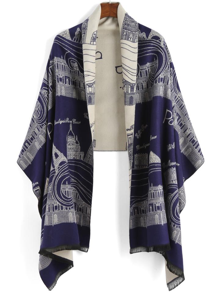 Romwe Building Print Frayed Scarf