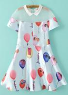 Romwe Contrast Collar Sheer Mesh Balloon Print Flare Dress