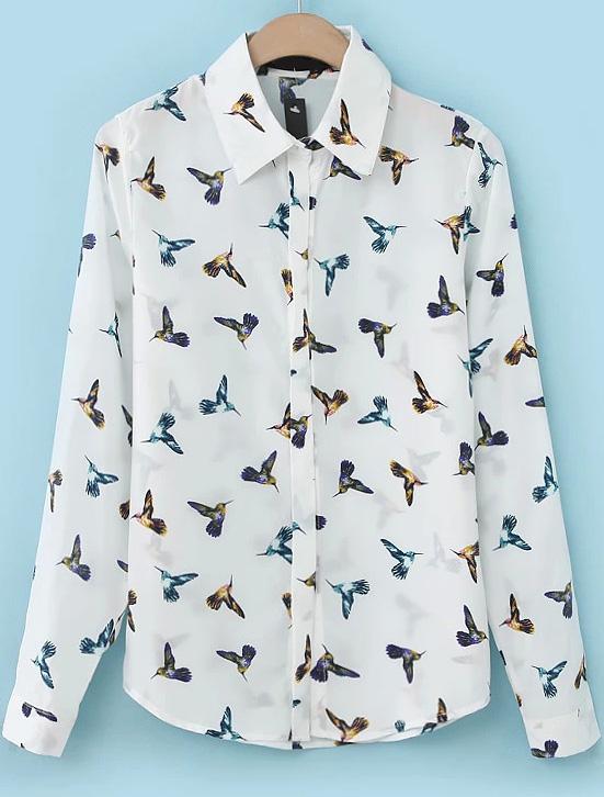 Romwe Birds Print Lapel Blouse