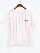 Romwe Vertical Striped Letter Embroidered Pink T-shirt
