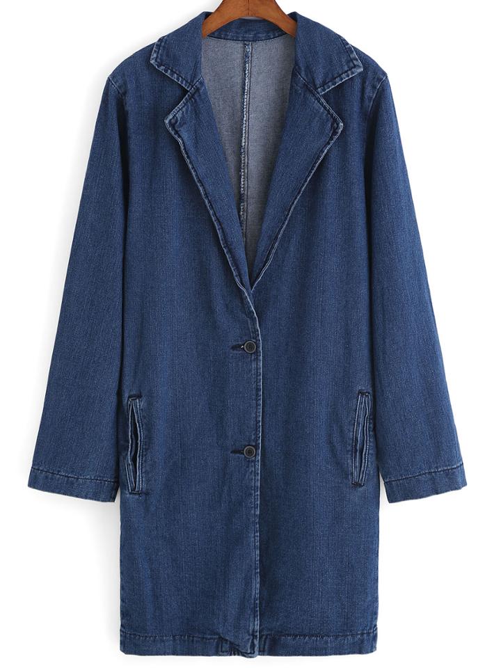 Romwe Lapel Single Breasted Edge Pockets Denim Coat