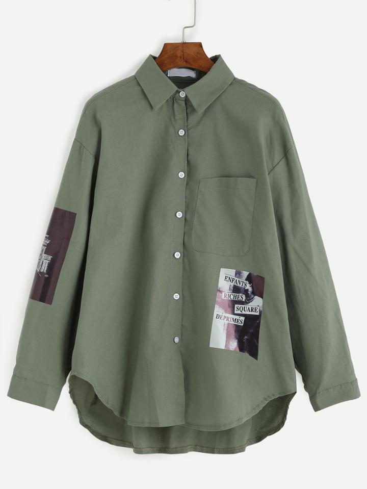 Romwe Army Green Graphic Print High Low Shirt