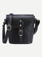 Romwe Buckled Strap Flap Bucket Bag - Black