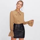 Romwe Trumpet Sleeve Tie Neck Blouse