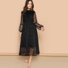 Romwe Scallop Mock Neck Sheer Balloon Sleeve Lace Dress