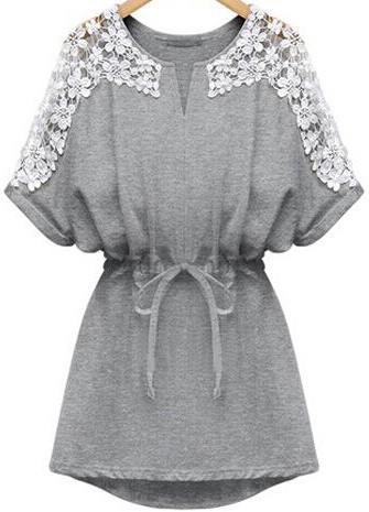 Romwe V Neck Lace Insert With Belt Grey Dress