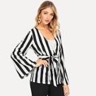 Romwe Button Front Belted Striped Blazer