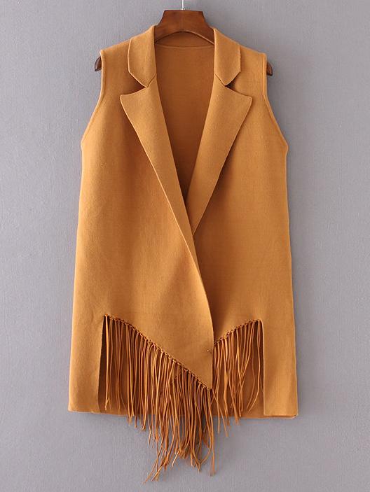 Romwe Camel Open Front Fringe Sleeveless Cardigan